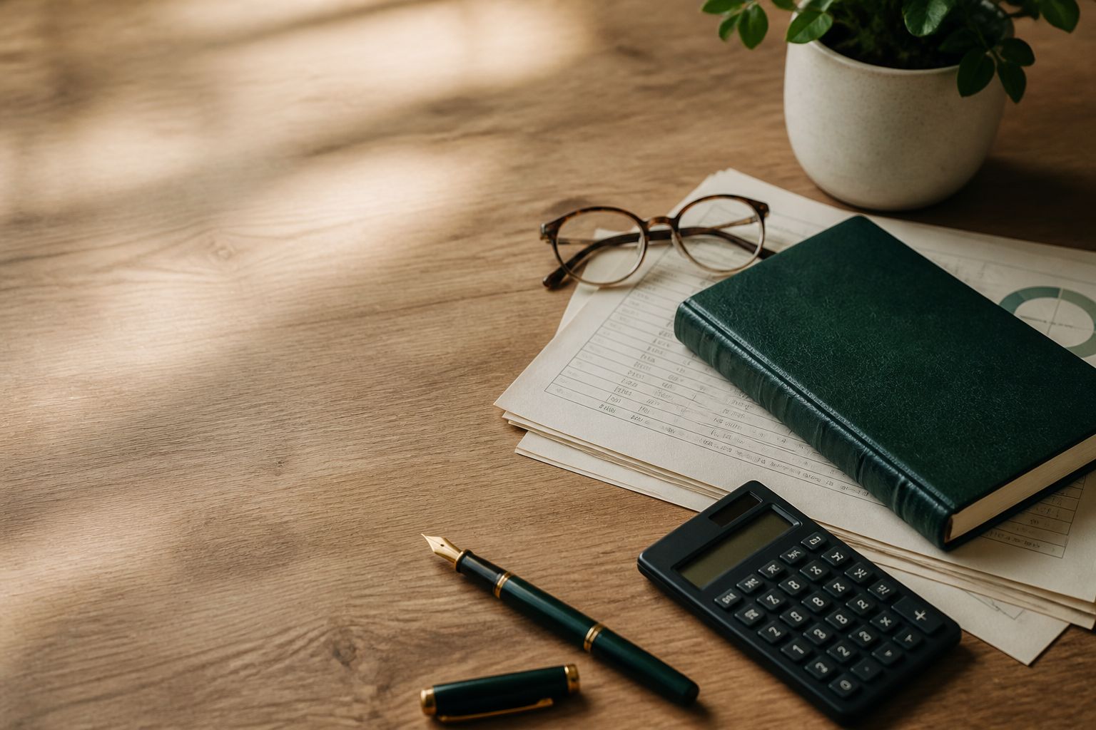 Escritorio de trabajo con libreta verde, documentos contables, calculadora y pluma